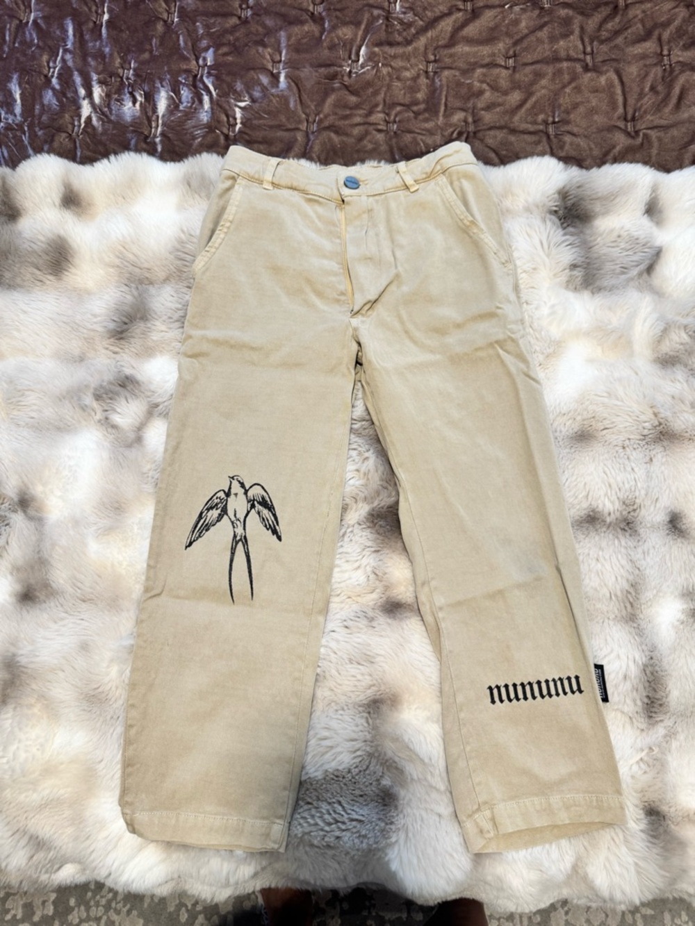 nununu Tan Pants with Black Swallow Graphic
